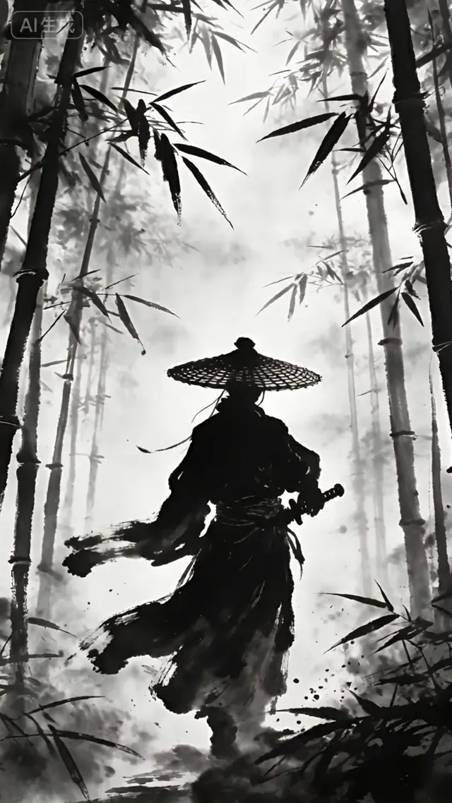 Ink-wash swordsman in bamboo (opening frame)