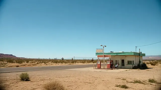A cowgirl at a wasteland gas station